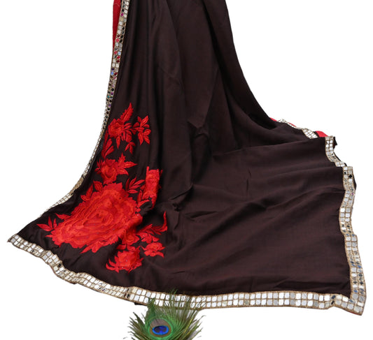 Indian Rare Vintage Zardozi Sarees Brown Pure Silk Hand Embroidered Sari Fabric 5.5 Yards Sewing Ethnic Mirror