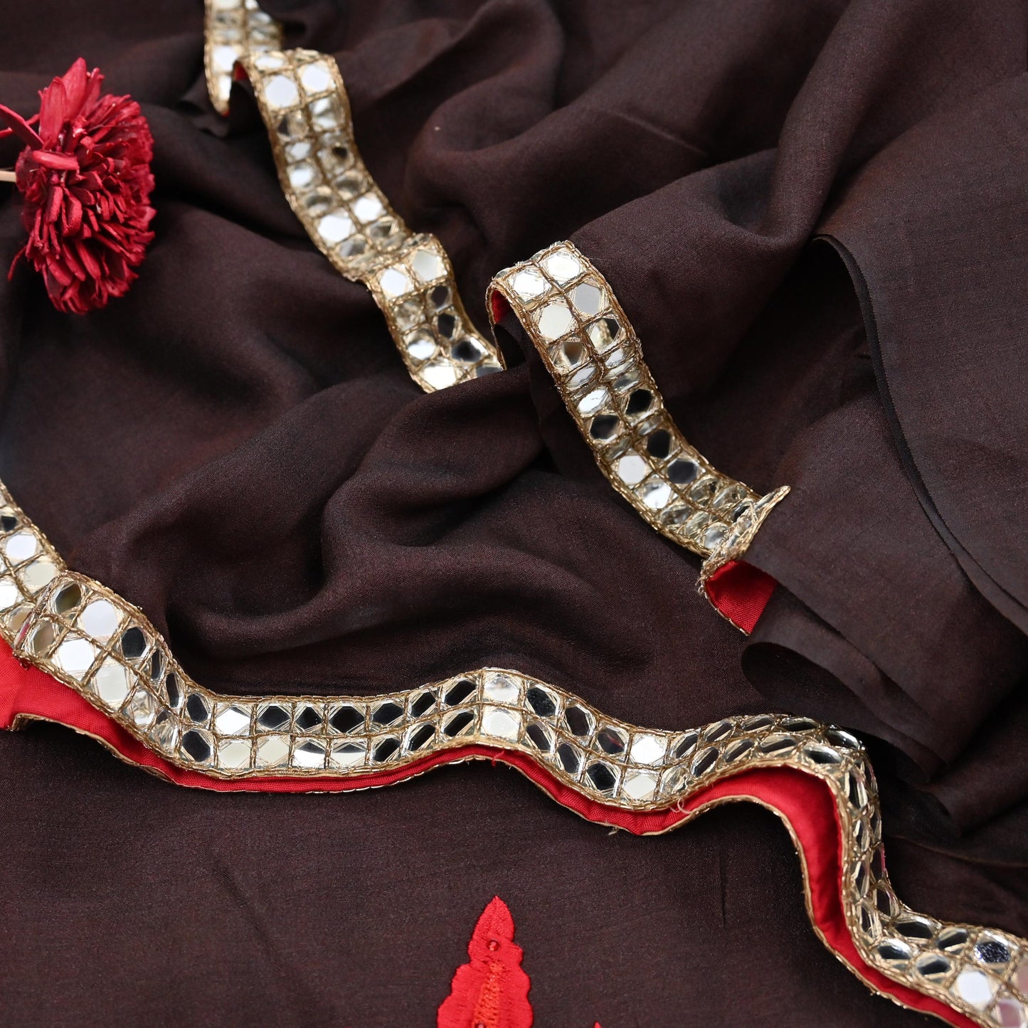 Indian Rare Vintage Zardozi Sarees Brown Pure Silk Hand Embroidered Sari Fabric 5.5 Yards Sewing Ethnic Mirror