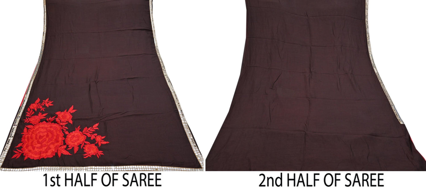 Indian Rare Vintage Zardozi Sarees Brown Pure Silk Hand Embroidered Sari Fabric 5.5 Yards Sewing Ethnic Mirror
