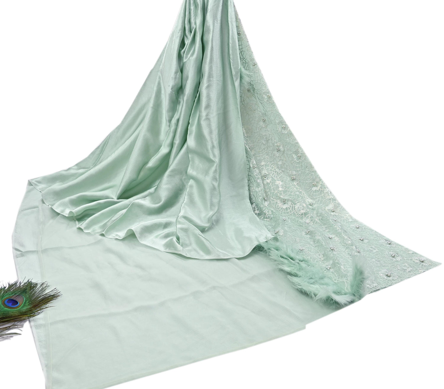 Vintage Green Satin Silk & Net Saree Heavy Hand Embroidery 5.5 Yards Soft Mesh Fabric Ideal for Crafting Wedding Wear Bollywood sarees