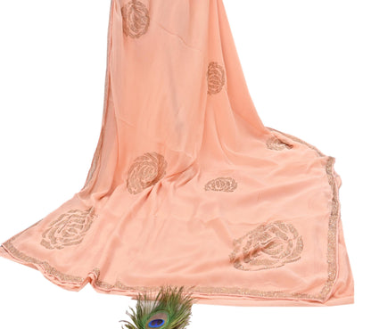 Rare Vintage Peach Pure Chiffon Silk Saree Hand Embroidered Fabric 6 Yards Sari Bollywood Party Wear Ethnic saree