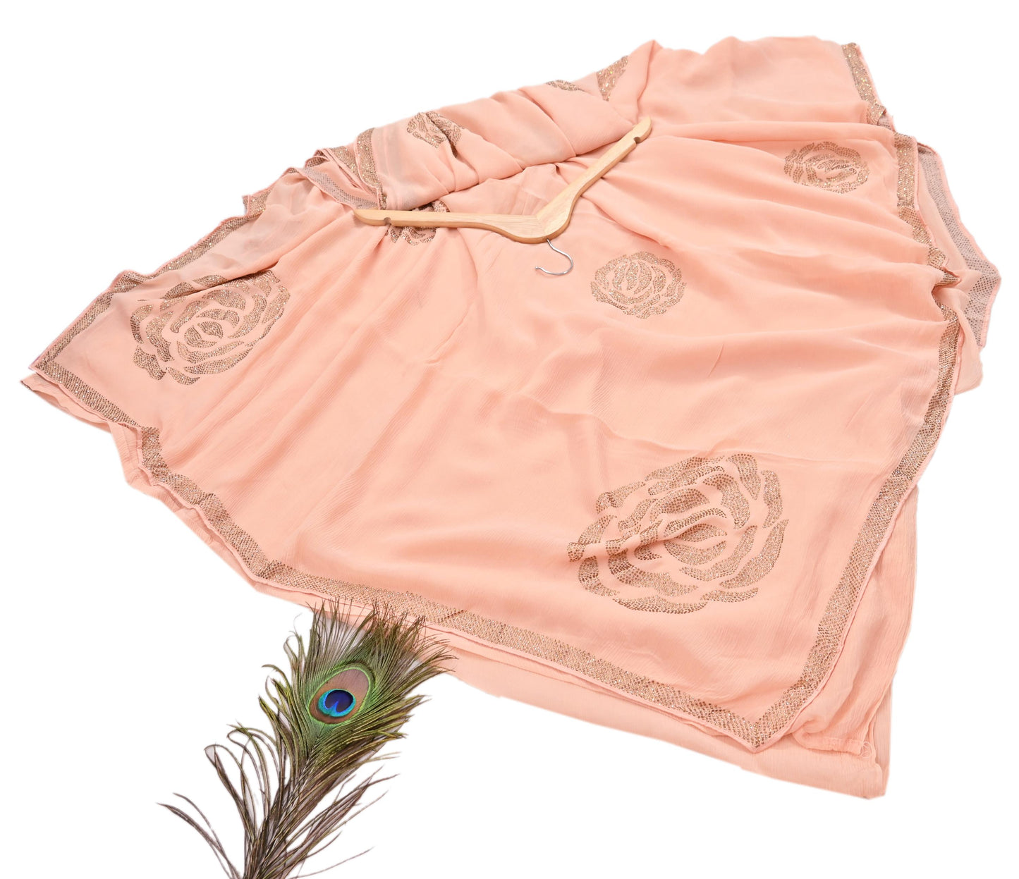 Rare Vintage Peach Pure Chiffon Silk Saree Hand Embroidered Fabric 6 Yards Sari Bollywood Party Wear Ethnic saree