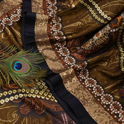 Rare Vintage Brown Pure Satin Silk Saree Embroidered Versace print Fabric 6 Yard Sari Bollywood Party Wear Designer Saree with blouse fabric