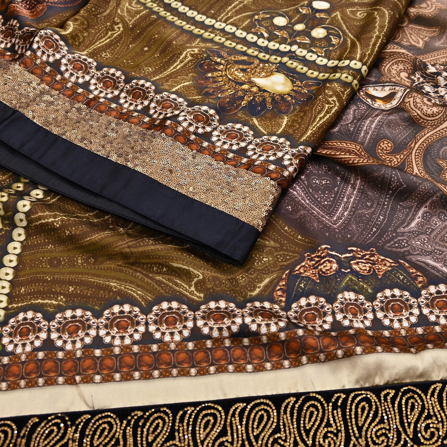 Rare Vintage Brown Pure Satin Silk Saree Embroidered Versace print Fabric 6 Yard Sari Bollywood Party Wear Designer Saree with blouse fabric