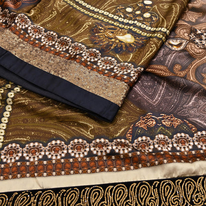 Rare Vintage Brown Pure Satin Silk Saree Embroidered Versace print Fabric 6 Yard Sari Bollywood Party Wear Designer Saree with blouse fabric