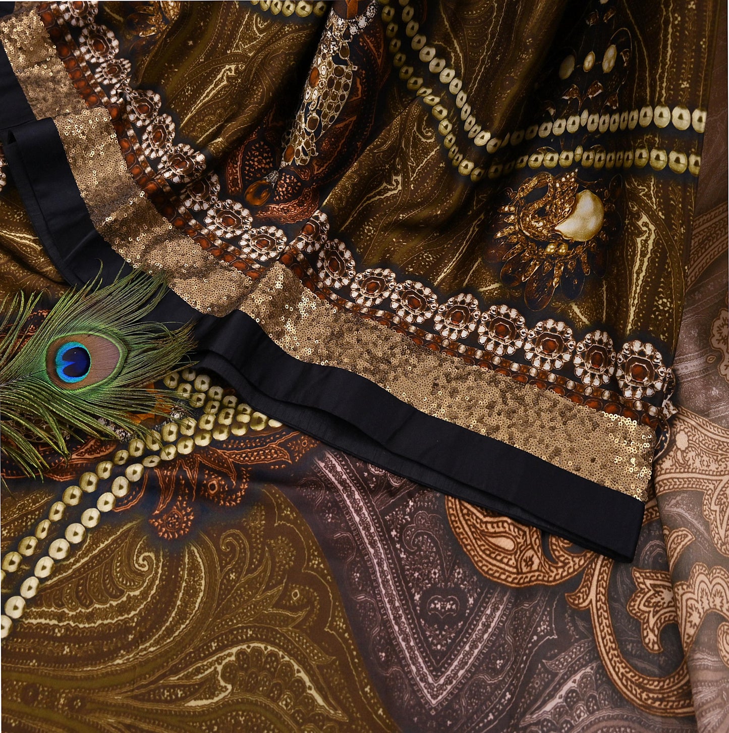 Rare Vintage Brown Pure Satin Silk Saree Embroidered Versace print Fabric 6 Yard Sari Bollywood Party Wear Designer Saree with blouse fabric