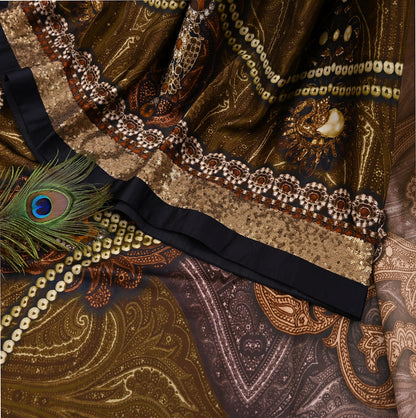 Rare Vintage Brown Pure Satin Silk Saree Embroidered Versace print Fabric 6 Yard Sari Bollywood Party Wear Designer Saree with blouse fabric