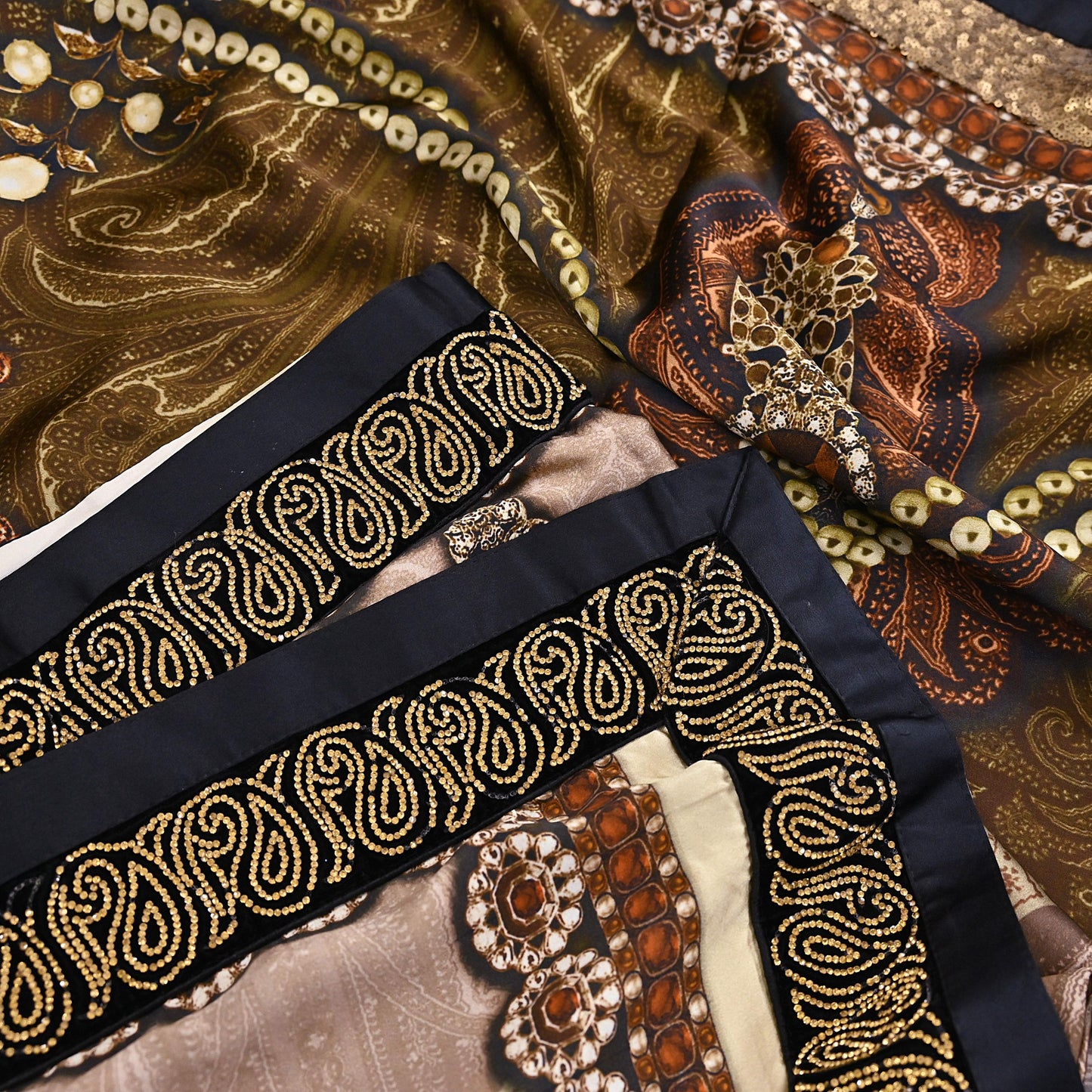 Rare Vintage Brown Pure Satin Silk Saree Embroidered Versace print Fabric 6 Yard Sari Bollywood Party Wear Designer Saree with blouse fabric