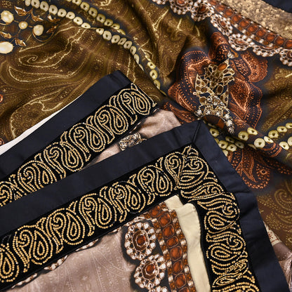 Rare Vintage Brown Pure Satin Silk Saree Embroidered Versace print Fabric 6 Yard Sari Bollywood Party Wear Designer Saree with blouse fabric