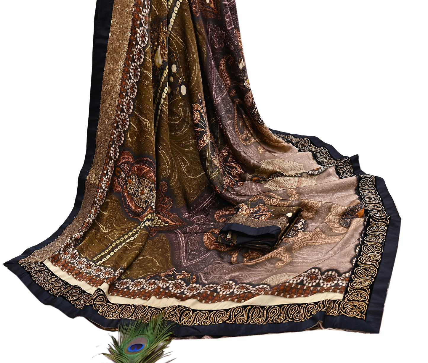 Rare Vintage Brown Pure Satin Silk Saree Embroidered Versace print Fabric 6 Yard Sari Bollywood Party Wear Designer Saree with blouse fabric