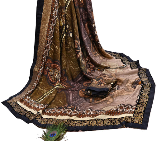 Rare Vintage Brown Pure Satin Silk Saree Embroidered Versace print Fabric 6 Yard Sari Bollywood Party Wear Designer Saree with blouse fabric
