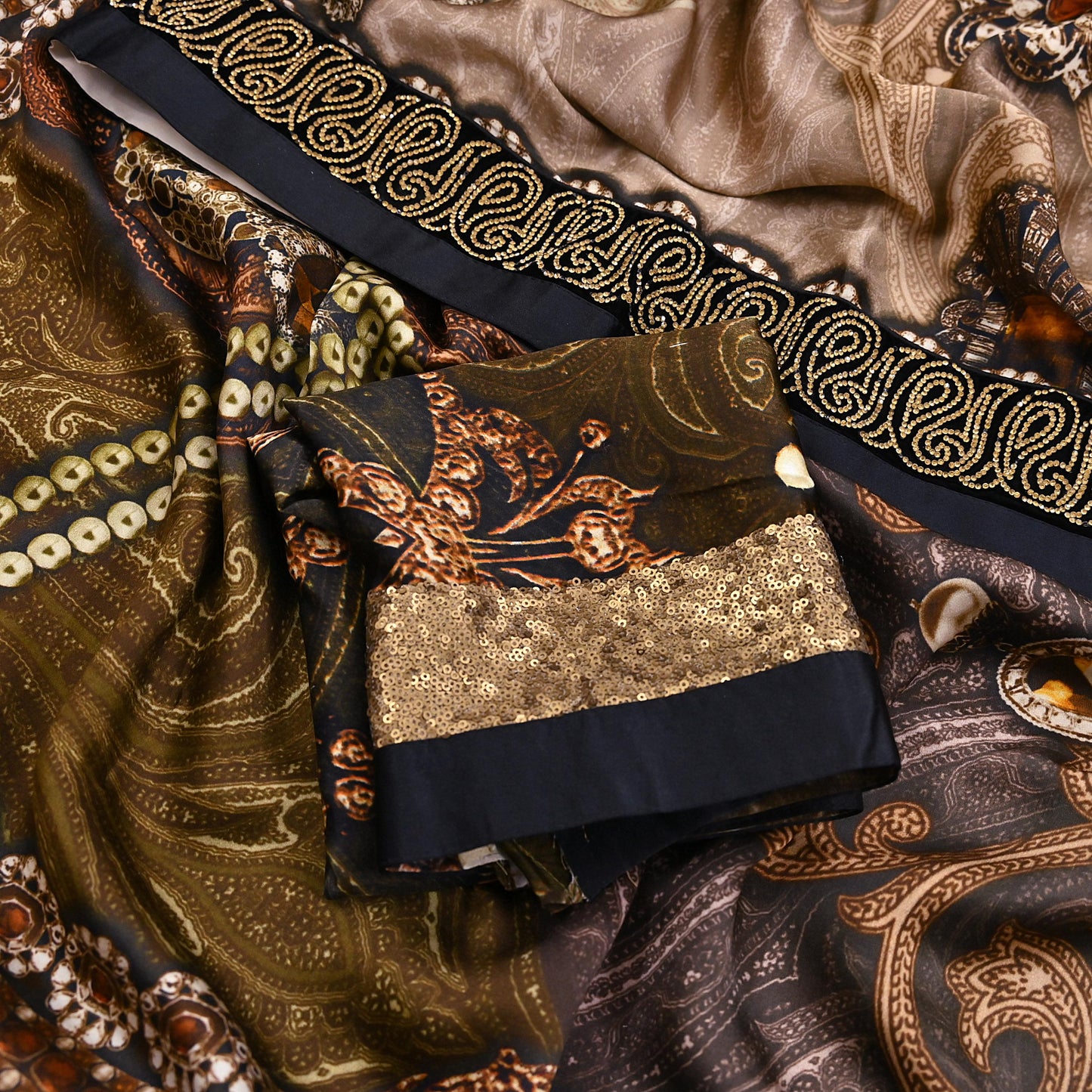 Rare Vintage Brown Pure Satin Silk Saree Embroidered Versace print Fabric 6 Yard Sari Bollywood Party Wear Designer Saree with blouse fabric