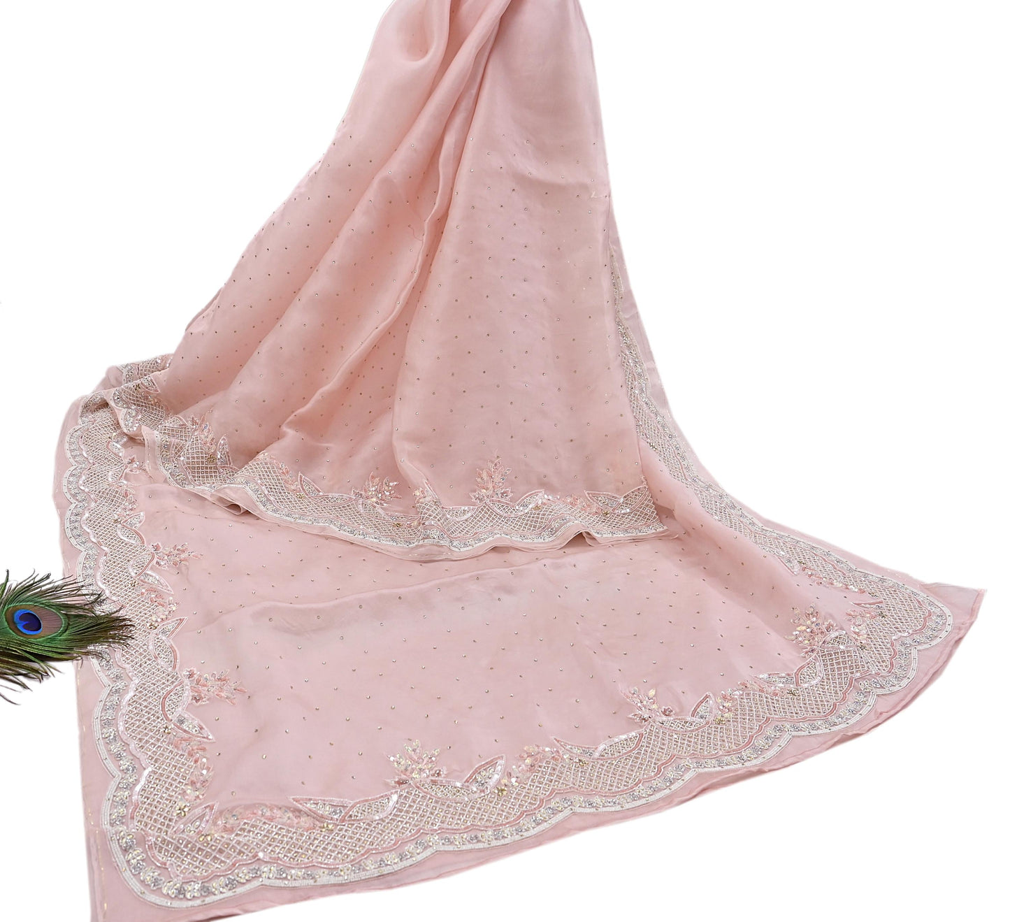 Rare Vintage Pink Pure Organza Silk Saree Zardozi Hand Embroidered Designer Sari 6 Yard Bollywood Party Wear