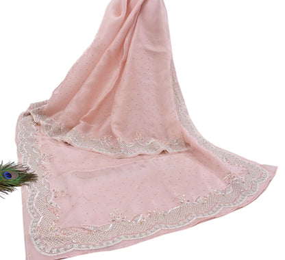 Rare Vintage Pink Pure Organza Silk Saree Zardozi Hand Embroidered Designer Sari 6 Yard Bollywood Party Wear