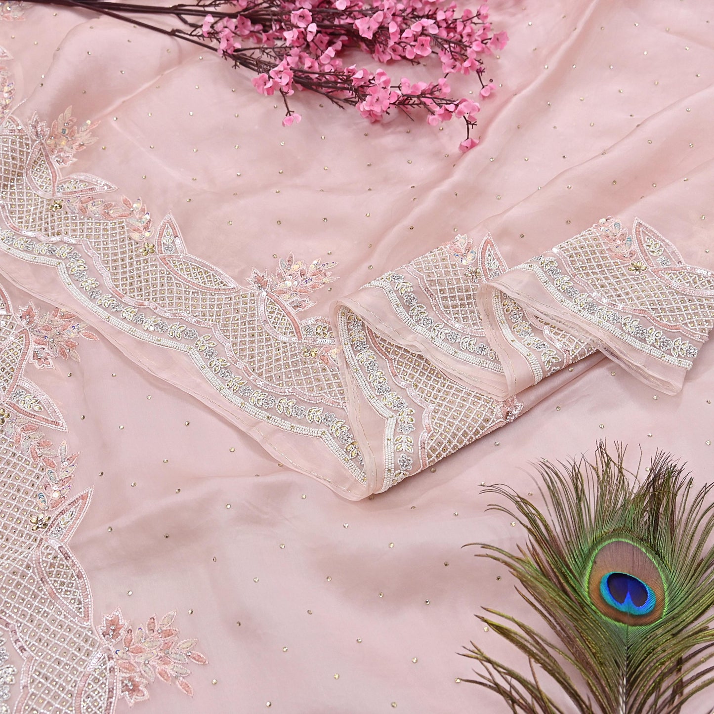 Rare Vintage Pink Pure Organza Silk Saree Zardozi Hand Embroidered Designer Sari 6 Yard Bollywood Party Wear