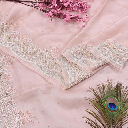 Rare Vintage Pink Pure Organza Silk Saree Zardozi Hand Embroidered Designer Sari 6 Yard Bollywood Party Wear