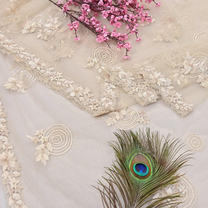 Rare Ivory Net Saree Hand Embroidered Designer Anamika Khanna Sari 6 Yard Bollywood Party Wear