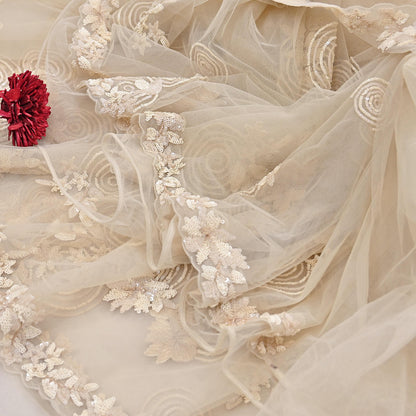Rare Ivory Net Saree Hand Embroidered Designer Anamika Khanna Sari 6 Yard Bollywood Party Wear