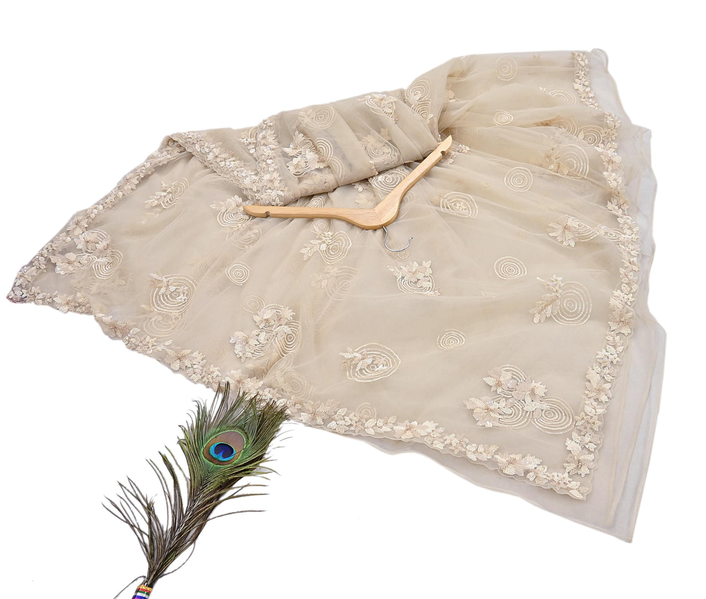 Rare Ivory Net Saree Hand Embroidered Designer Anamika Khanna Sari 6 Yard Bollywood Party Wear