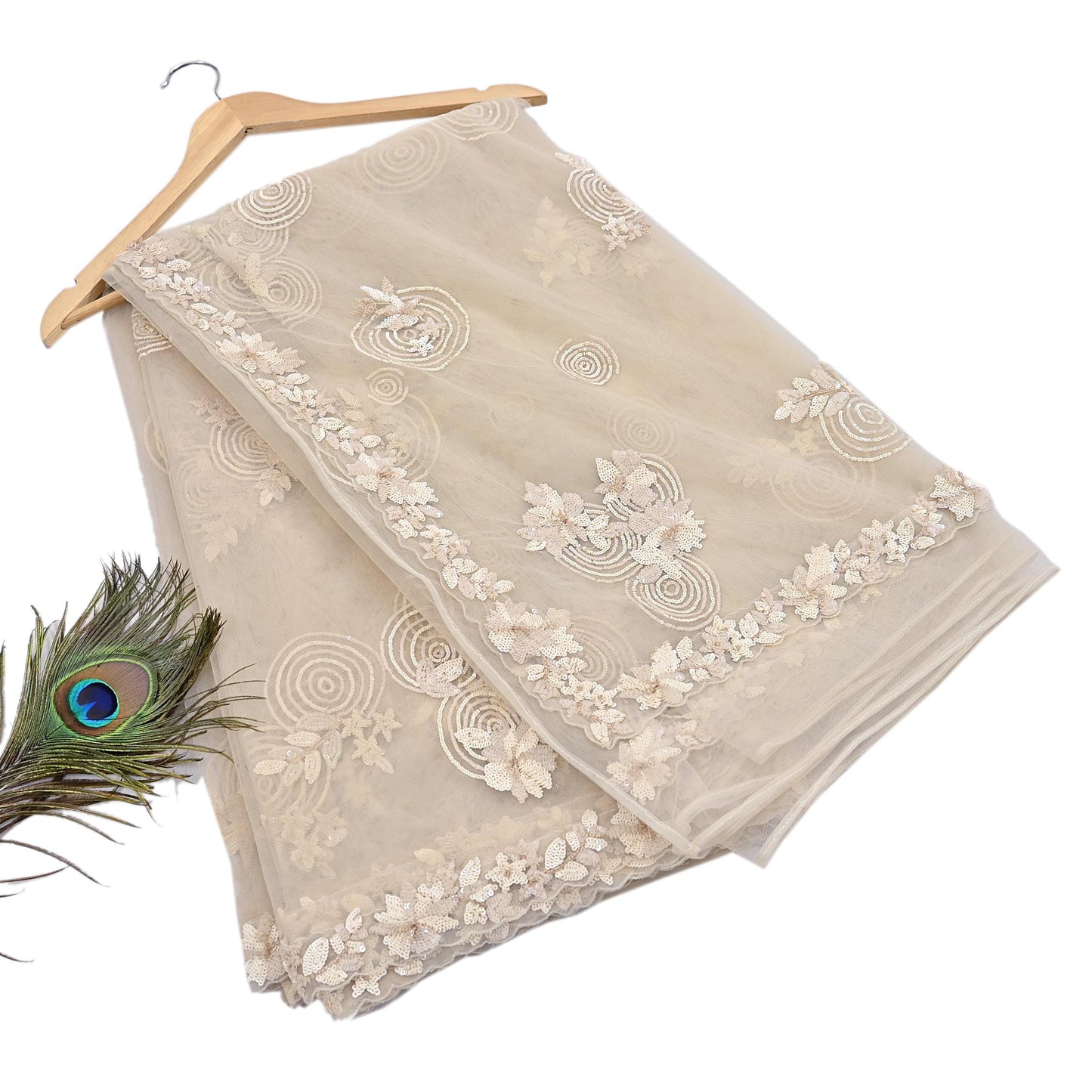 Rare Ivory Net Saree Hand Embroidered Designer Anamika Khanna Sari 6 Yard Bollywood Party Wear