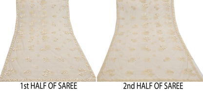 Rare Ivory Net Saree Hand Embroidered Designer Anamika Khanna Sari 6 Yard Bollywood Party Wear