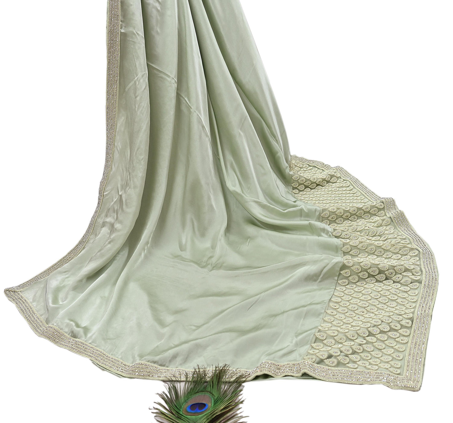 Rare Vintage Green Pure Satin Silk Saree Hand Embroidered Fabric 5.5 Yards Sari Bollywood Party Wear Ethnic Designer Saree