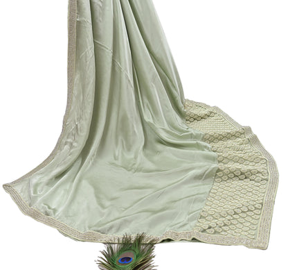 Rare Vintage Green Pure Satin Silk Saree Hand Embroidered Fabric 5.5 Yards Sari Bollywood Party Wear Ethnic Designer Saree
