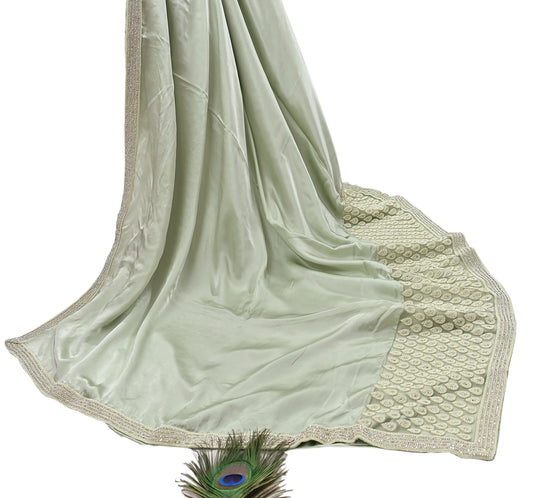 Rare Vintage Green Pure Satin Silk Saree Hand Embroidered Fabric 5.5 Yards Sari Bollywood Party Wear Ethnic Designer Saree