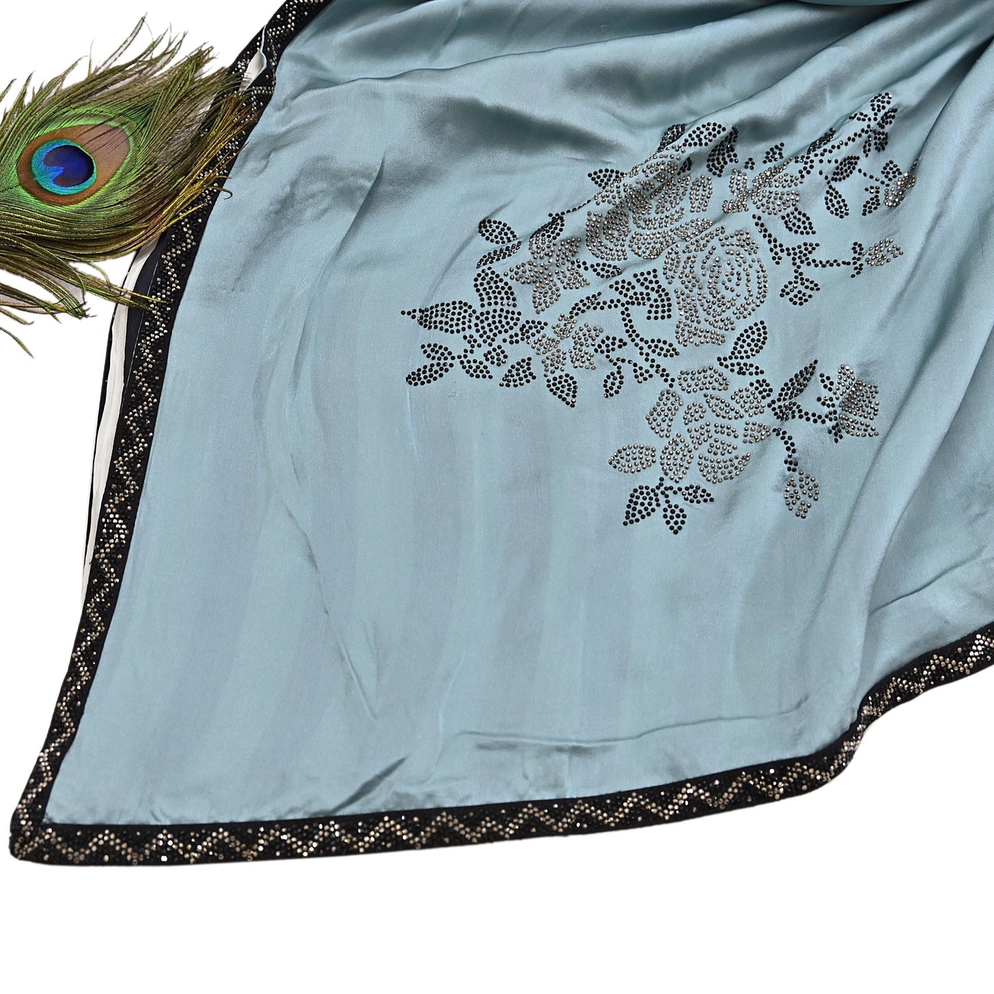 Rare Vintage Gray & White Pure Satin Silk Saree Hand Embroidered Fabric 5.5 Yards Sari Bollywood Party Wear Ethnic Saree with Blouse Fabric