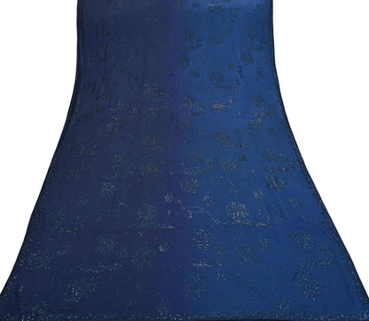 Rare Vintage Blue Pure Satin Silk Saree Hand Embroidered Fabric 5.5 Yards Sari Bollywood Party Wear Ethnic Designer Saree