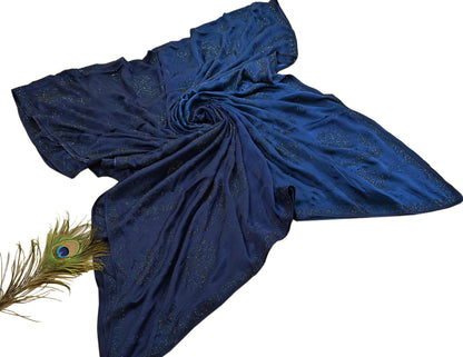 Rare Vintage Blue Pure Satin Silk Saree Hand Embroidered Fabric 5.5 Yards Sari Bollywood Party Wear Ethnic Designer Saree