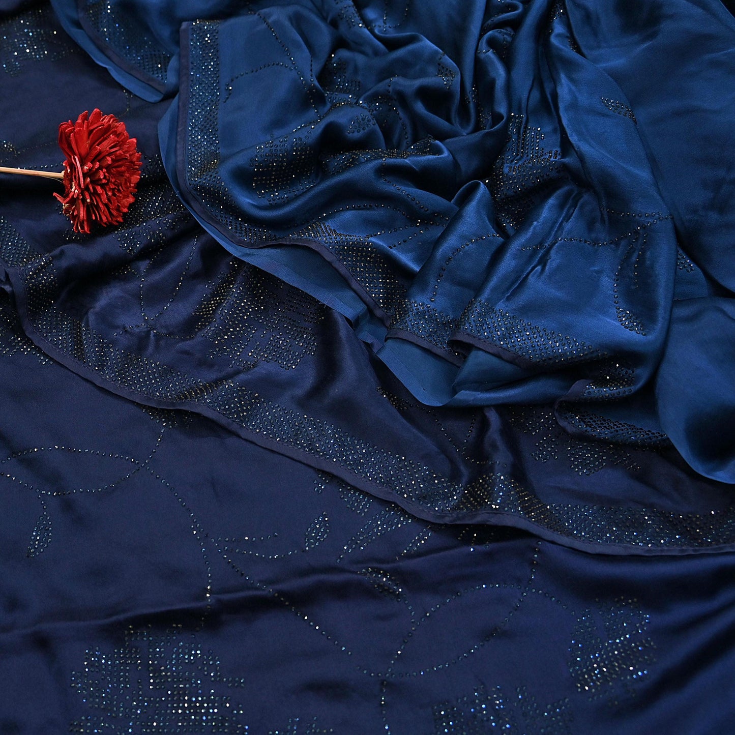 Rare Vintage Blue Pure Satin Silk Saree Hand Embroidered Fabric 5.5 Yards Sari Bollywood Party Wear Ethnic Designer Saree