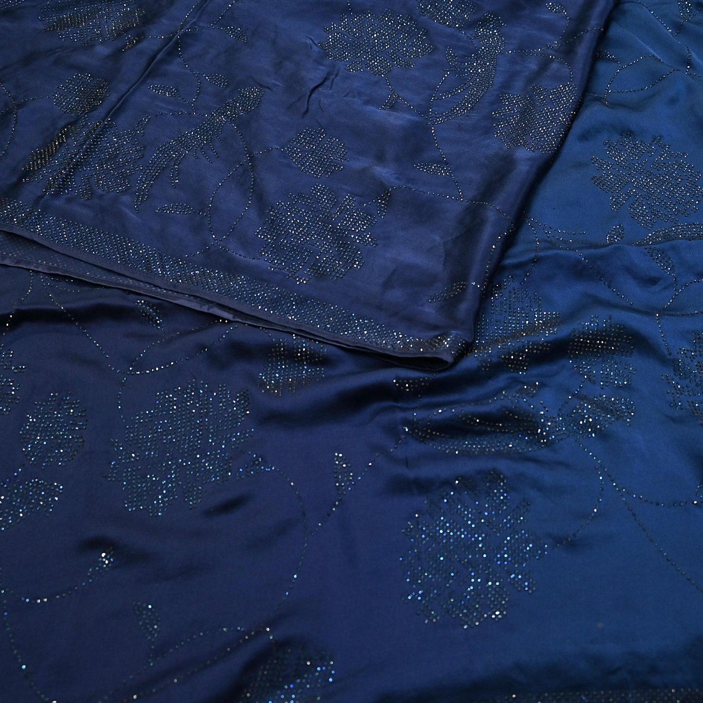 Rare Vintage Blue Pure Satin Silk Saree Hand Embroidered Fabric 5.5 Yards Sari Bollywood Party Wear Ethnic Designer Saree