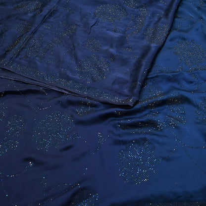 Rare Vintage Blue Pure Satin Silk Saree Hand Embroidered Fabric 5.5 Yards Sari Bollywood Party Wear Ethnic Designer Saree