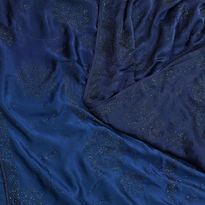 Rare Vintage Blue Pure Satin Silk Saree Hand Embroidered Fabric 5.5 Yards Sari Bollywood Party Wear Ethnic Designer Saree