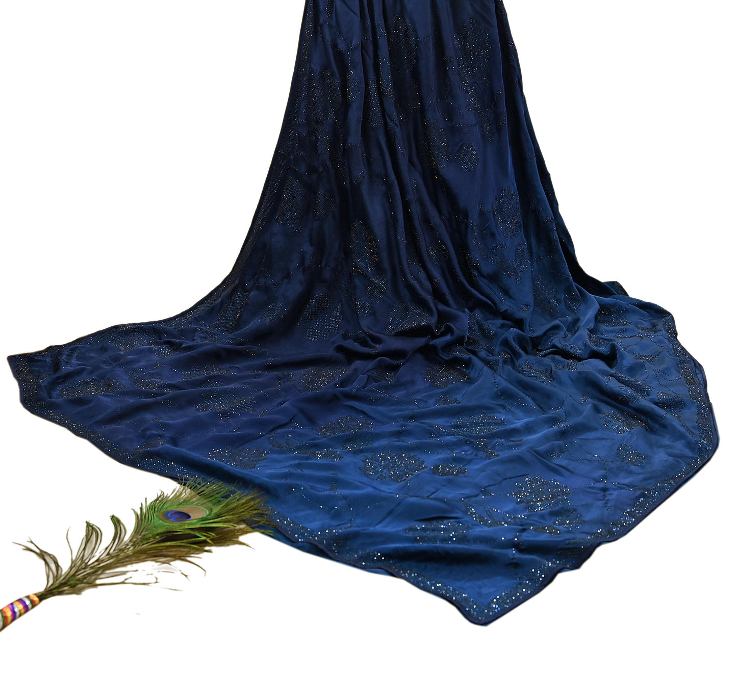 Rare Vintage Blue Pure Satin Silk Saree Hand Embroidered Fabric 5.5 Yards Sari Bollywood Party Wear Ethnic Designer Saree