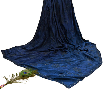 Rare Vintage Blue Pure Satin Silk Saree Hand Embroidered Fabric 5.5 Yards Sari Bollywood Party Wear Ethnic Designer Saree
