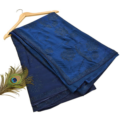 Rare Vintage Blue Pure Satin Silk Saree Hand Embroidered Fabric 5.5 Yards Sari Bollywood Party Wear Ethnic Designer Saree