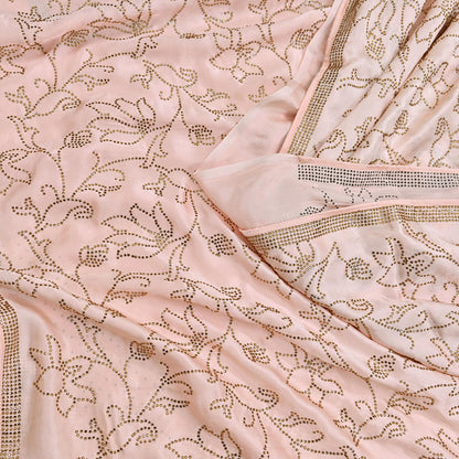 Rare Vintage Peach Pure Satin Silk Saree Hand Embroidered Fabric 5.5 Yards Sari Bollywood Party Wear Ethnic Saree with blouse fabric