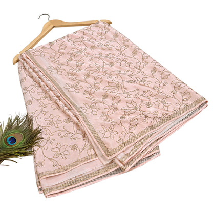 Rare Vintage Peach Pure Satin Silk Saree Hand Embroidered Fabric 5.5 Yards Sari Bollywood Party Wear Ethnic Saree with blouse fabric