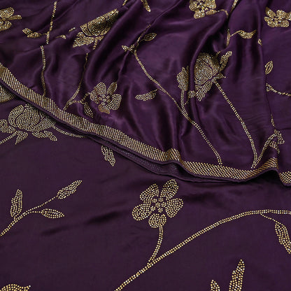 Rare Vintage Purple Pure Satin Silk Saree Hand Embroidered Fabric 5.5 Yards Sari Bollywood Party Wear Ethnic Designer Saree