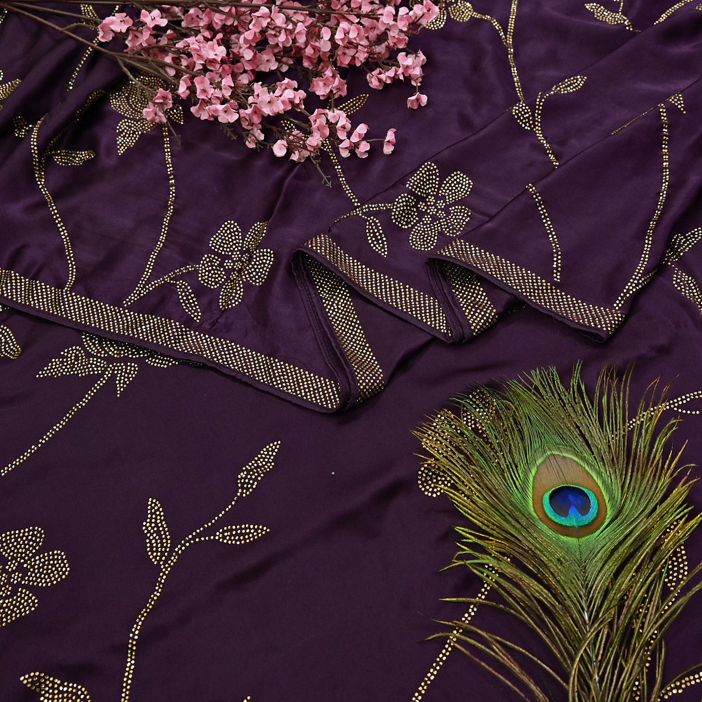 Rare Vintage Purple Pure Satin Silk Saree Hand Embroidered Fabric 5.5 Yards Sari Bollywood Party Wear Ethnic Designer Saree