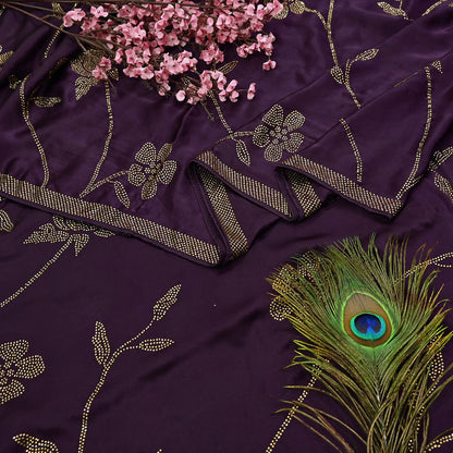 Rare Vintage Purple Pure Satin Silk Saree Hand Embroidered Fabric 5.5 Yards Sari Bollywood Party Wear Ethnic Designer Saree