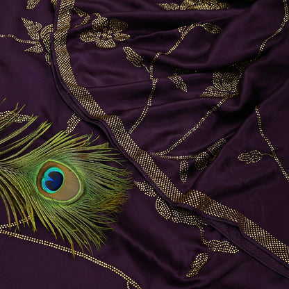Rare Vintage Purple Pure Satin Silk Saree Hand Embroidered Fabric 5.5 Yards Sari Bollywood Party Wear Ethnic Designer Saree