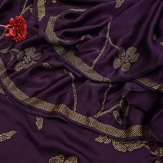 Rare Vintage Purple Pure Satin Silk Saree Hand Embroidered Fabric 5.5 Yards Sari Bollywood Party Wear Ethnic Designer Saree