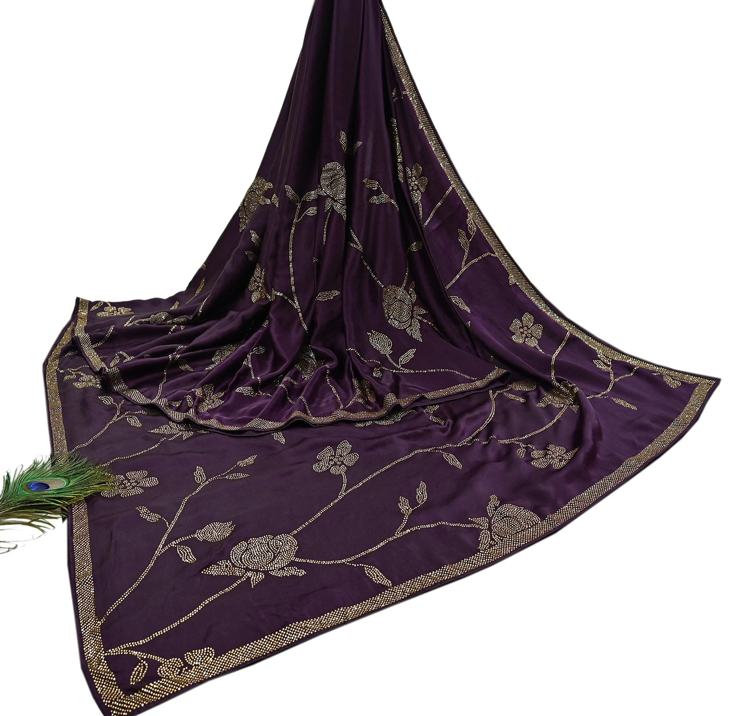 Rare Vintage Purple Pure Satin Silk Saree Hand Embroidered Fabric 5.5 Yards Sari Bollywood Party Wear Ethnic Designer Saree