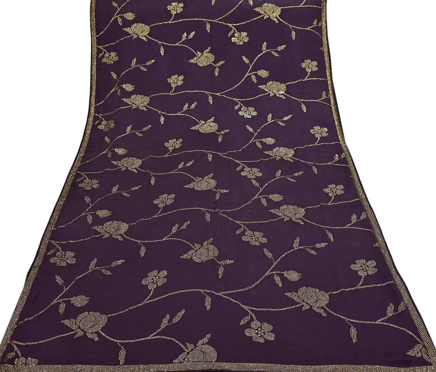 Rare Vintage Purple Pure Satin Silk Saree Hand Embroidered Fabric 5.5 Yards Sari Bollywood Party Wear Ethnic Designer Saree