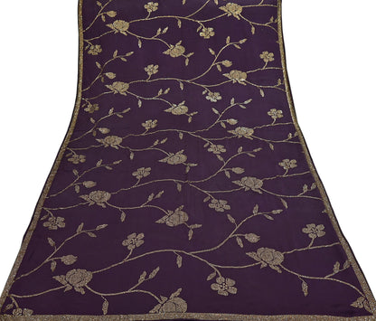 Rare Vintage Purple Pure Satin Silk Saree Hand Embroidered Fabric 5.5 Yards Sari Bollywood Party Wear Ethnic Designer Saree