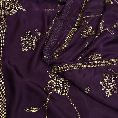 Rare Vintage Purple Pure Satin Silk Saree Hand Embroidered Fabric 5.5 Yards Sari Bollywood Party Wear Ethnic Designer Saree