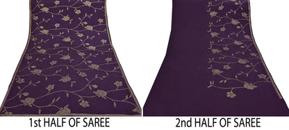 Rare Vintage Purple Pure Satin Silk Saree Hand Embroidered Fabric 5.5 Yards Sari Bollywood Party Wear Ethnic Designer Saree